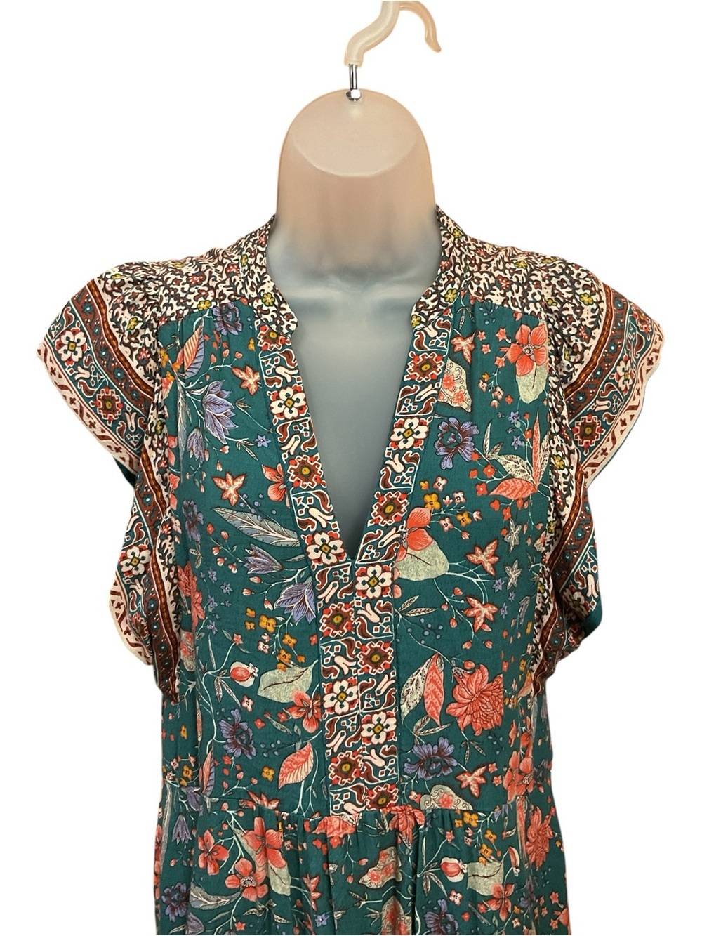 Anthropologie Zenia Floral Dark Teal V-Neck Flutter Sleeve Mini Dress Size XS - Picture 4 of 8